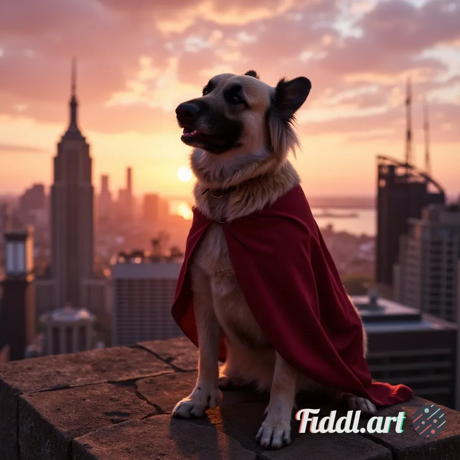 Ultra‑realistic portrait of a heroic dog standing on a skyscraper rooftop at sunset, wearing a flowi
