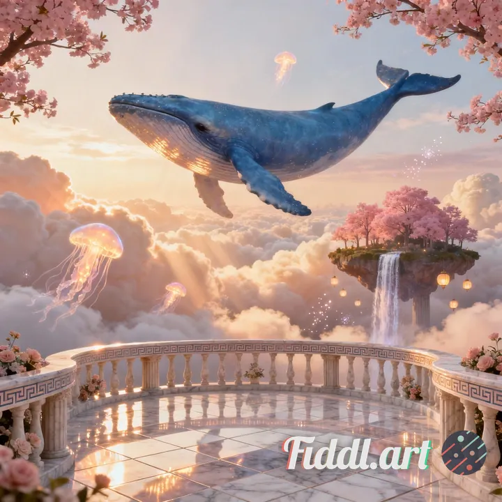 Create a hyper-detailed, dreamlike fantasy sky realm set high above the clouds. The scene features a