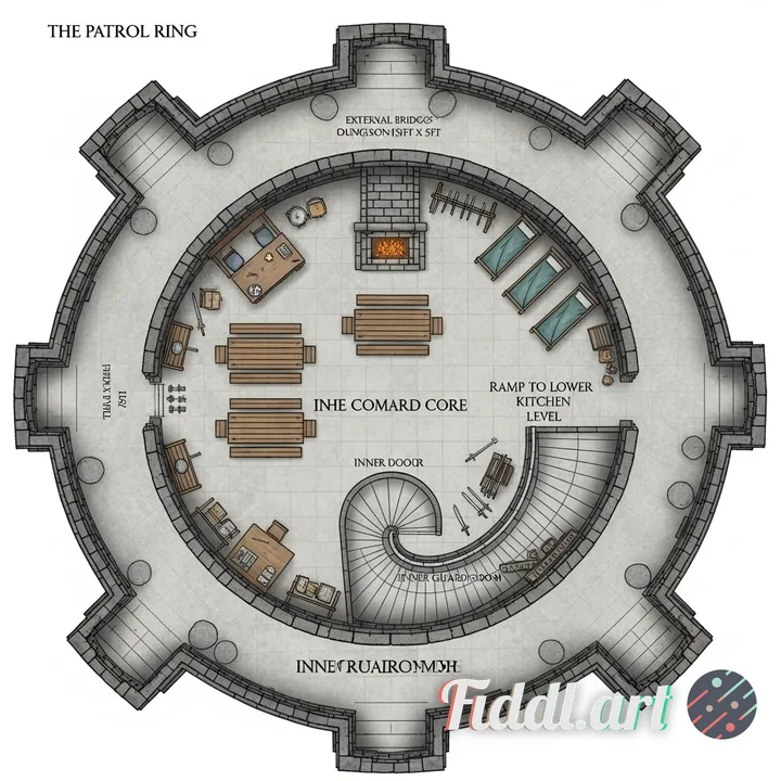 Create a top-down blueprint image of a circular fantasy tower floor based on the following requireme