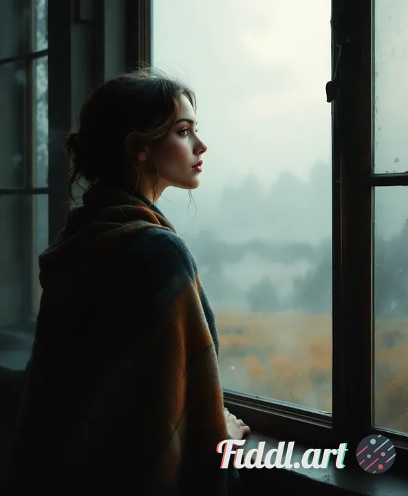 Digital painting , a woman standing at a foggy window with a wool blanket around her shoulders, the 