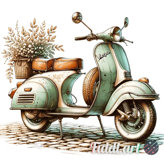 A vintage Vespa scooter on a cobblestone street in a delicate ink watercolor effect on a plain white