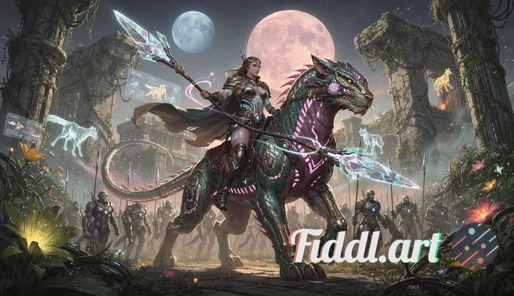 An ancient warrior princess with intricate glowing tattoos and ornate armor, wielding a crystalline 