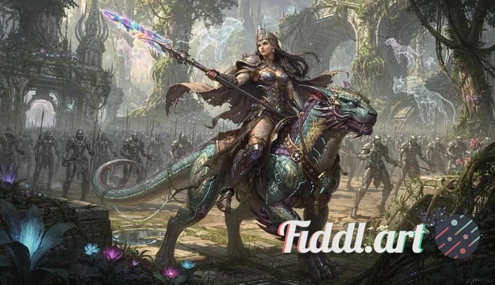 An ancient warrior princess with intricate glowing tattoos and ornate armor, wielding a crystalline 