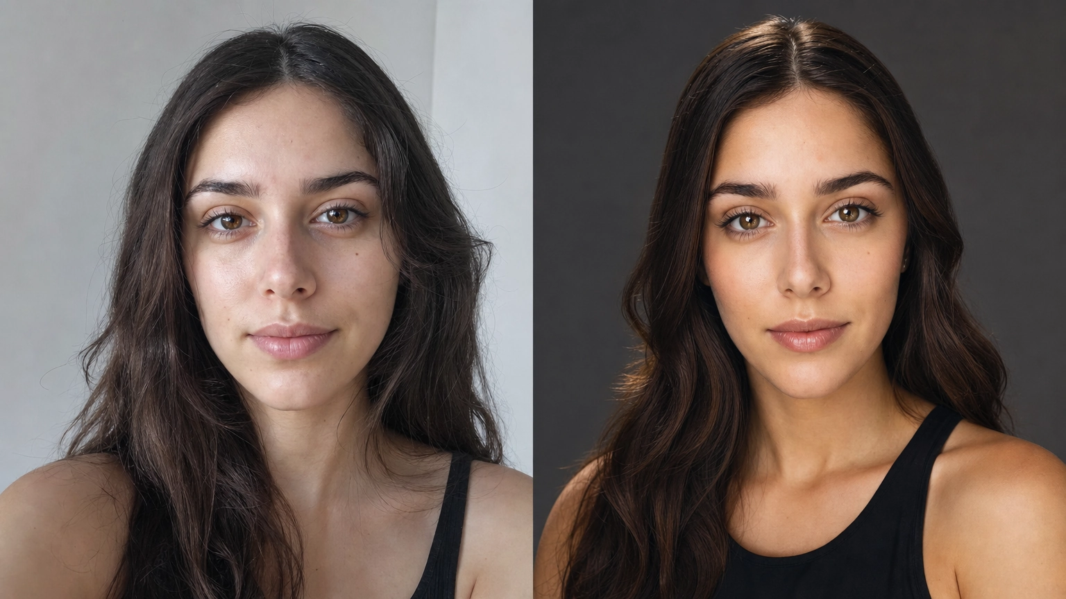 Side-by-side comparison of a portrait, left half a plain daylight photo, right half the same portrait transformed into a polished editorial headshot with studio lighting, illustrating a Gemini-style portrait prompt result.