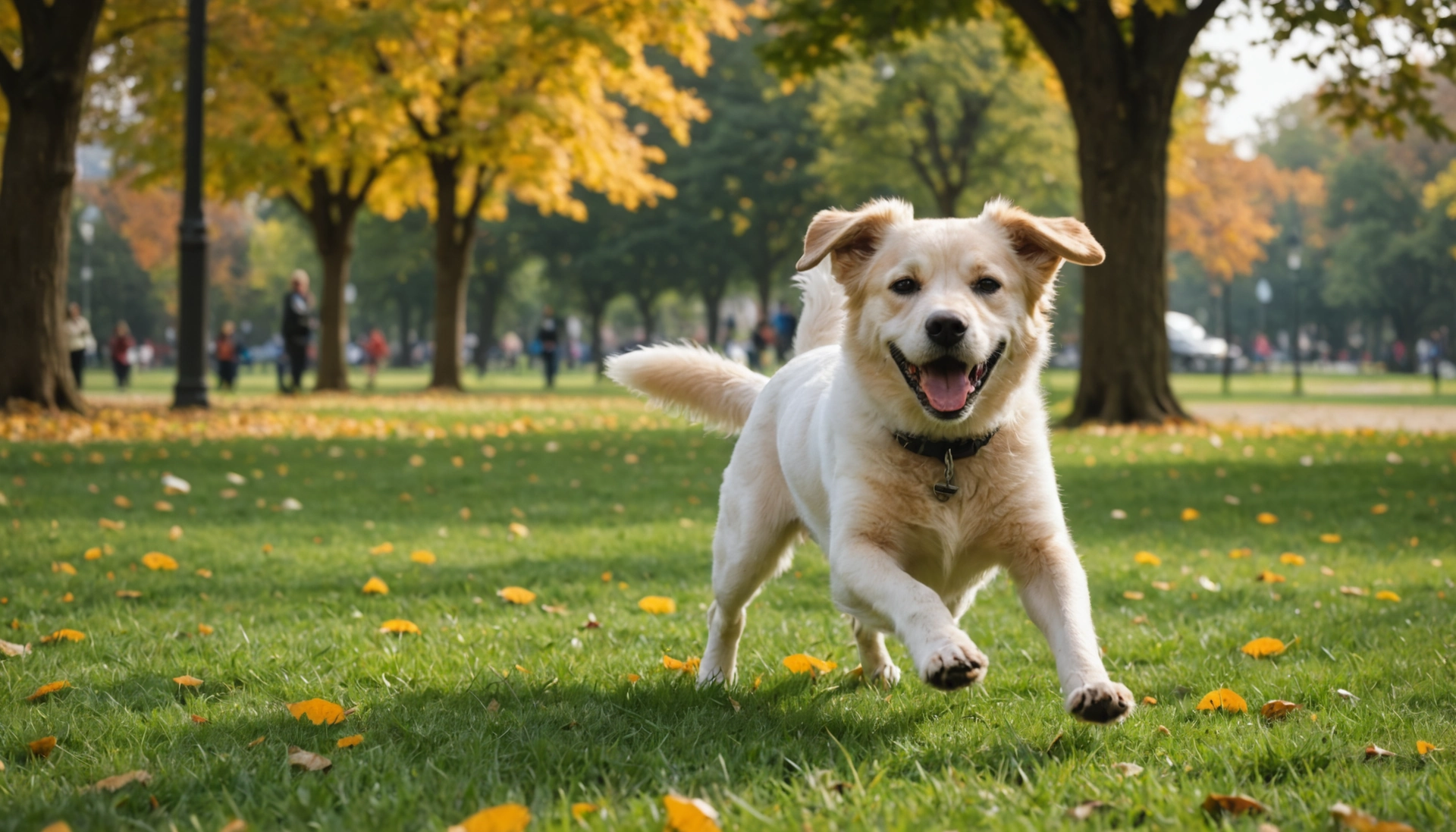 Realistic AI-generated photo of a golden retriever running in a park with cinematic lighting and shallow depth of field.