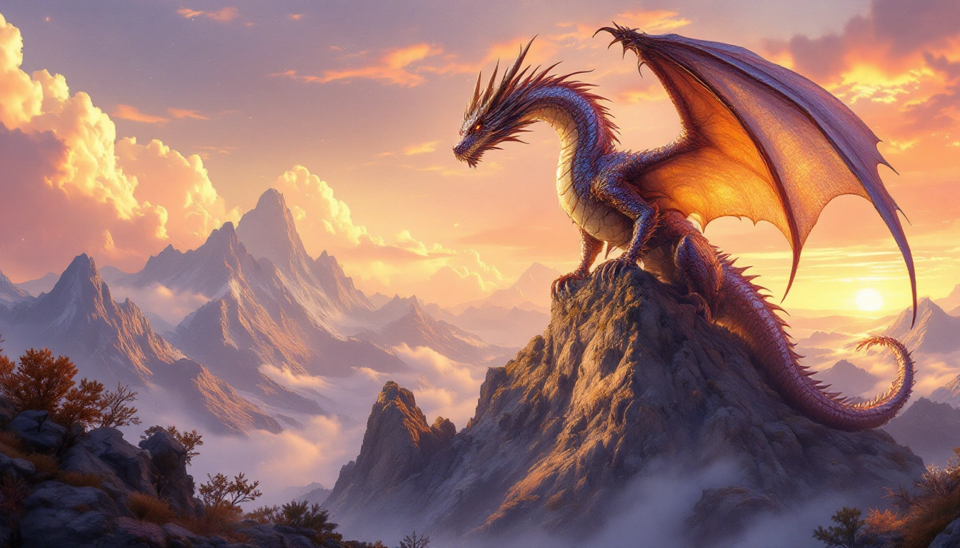 Ilustración de fantasía generada con IA en Fiddl.art — dragón con escamas iridiscentes en la cima de una montaña al atardecer