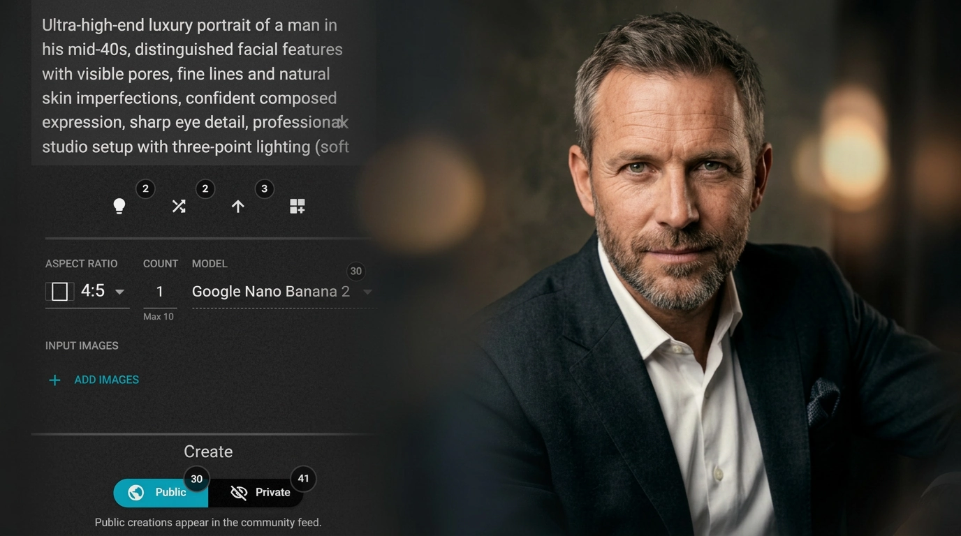 Uma captura de tela da página de criação do Fiddl.art. O modelo Nano Banana 2 está selecionado e um prompt para um retrato fotorrealista foi inserido. Um exemplo do retrato de alta qualidade gerado