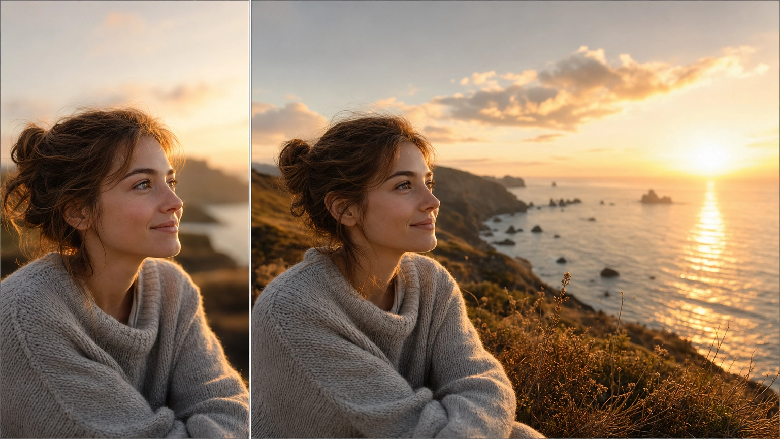 Before and after example of an AI image extender expanding a photo's canvas while preserving the original lighting and style