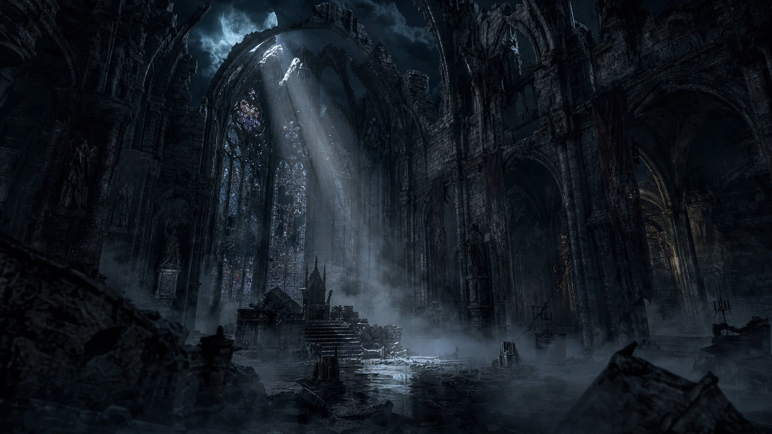 Ví dụ prompt tranh AI dark fantasy về bối cảnh thánh đường đổ nát dưới ánh trăng