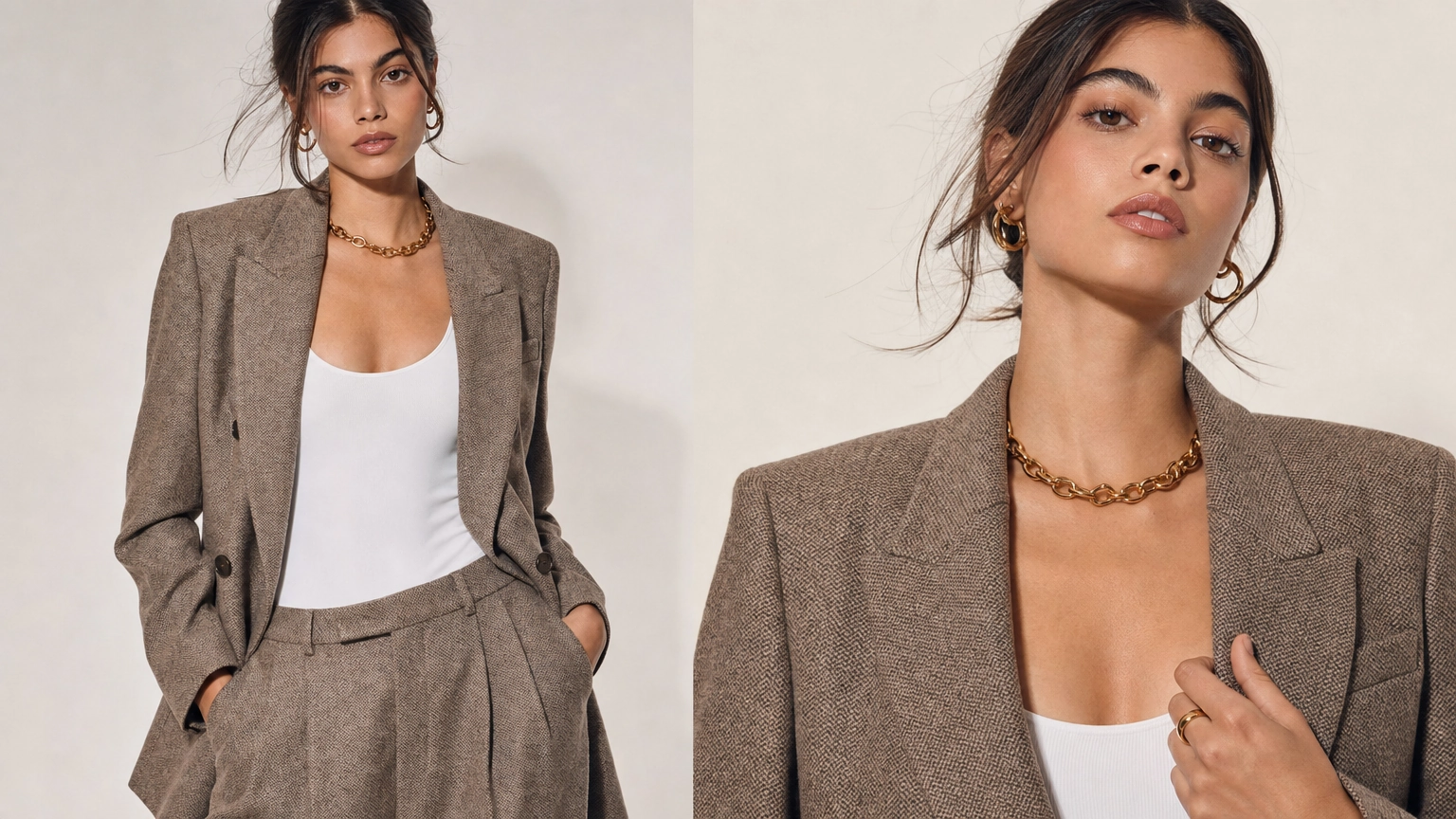 Influenciadora de IA modelando a coleção de estação de uma marca de moda, gerada com o Fiddl.art para uso em e-commerce e campanhas