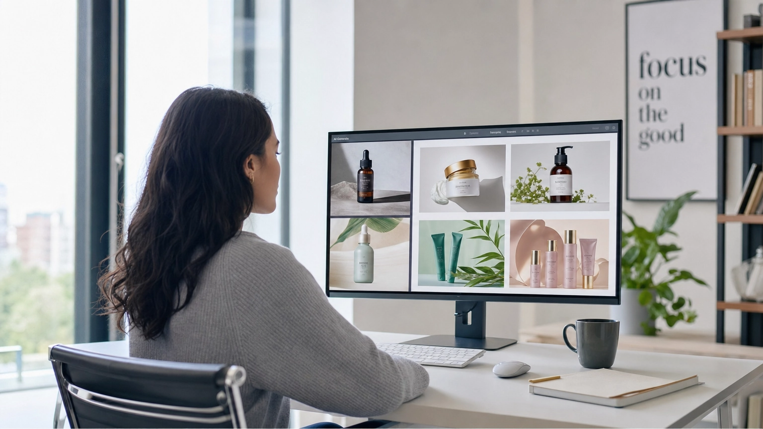 Profissional de marketing analisando visuais de produto gerados por IA em um monitor