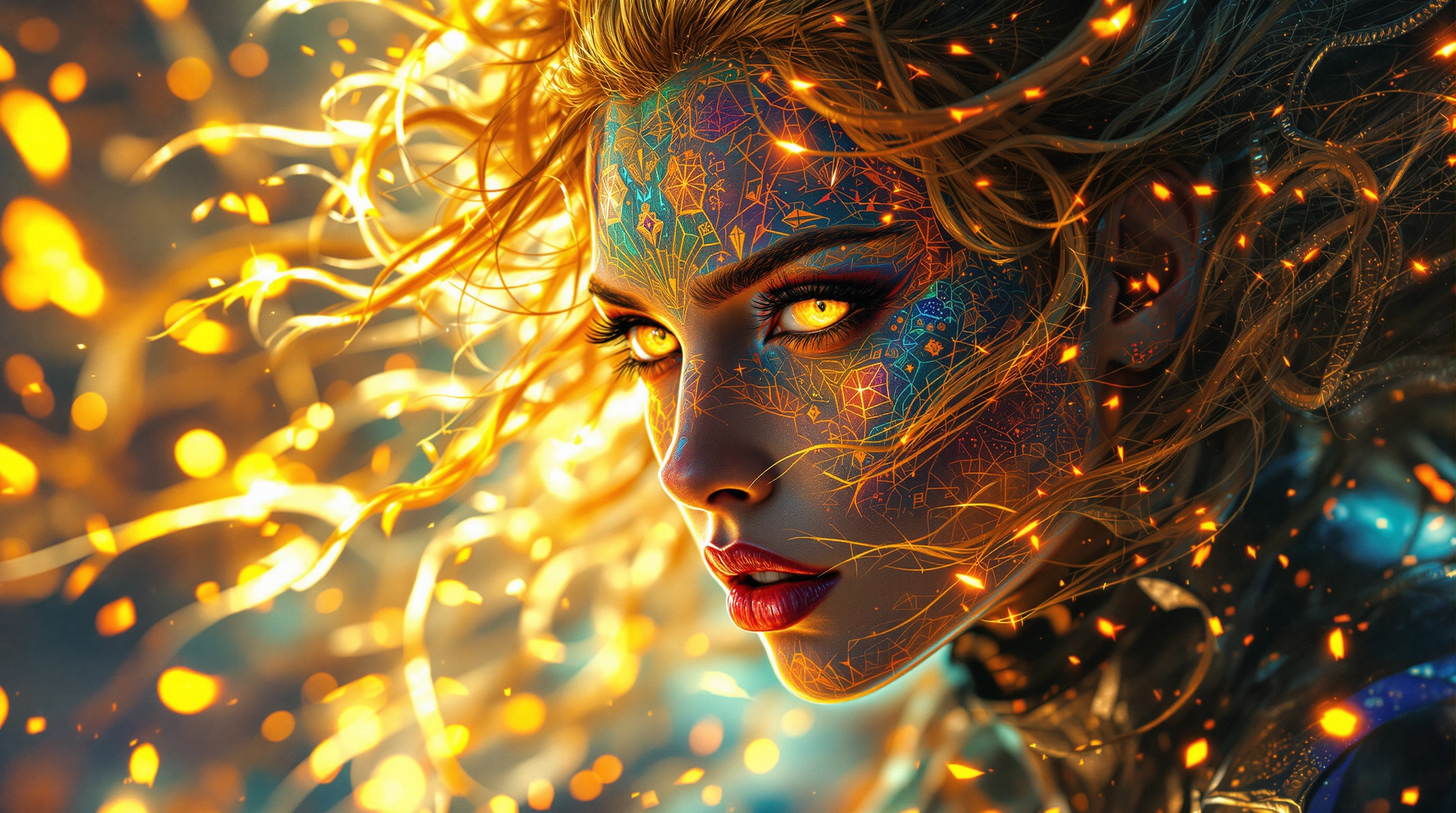 一张令人惊叹的、超写实的微距照片，拍摄的是一滴悬挂在精致蛛网上的露珠，展示了露珠内部错综复杂的细节和鲜艳的彩虹折射效果