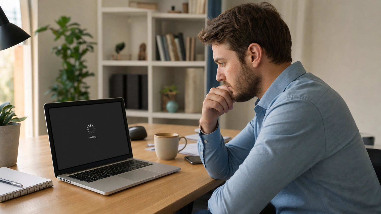 Uma pessoa em uma mesa olhando para uma tela de carregamento em seu laptop, representando o problema de latência com o modo de pensamento durante a geração de imagem.