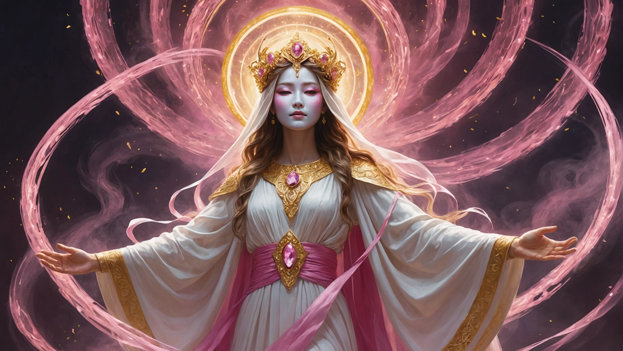 Fantasy illustration of a regal female figure in flowing robes, surrounded by glowing pink energy and ornate golden adornments