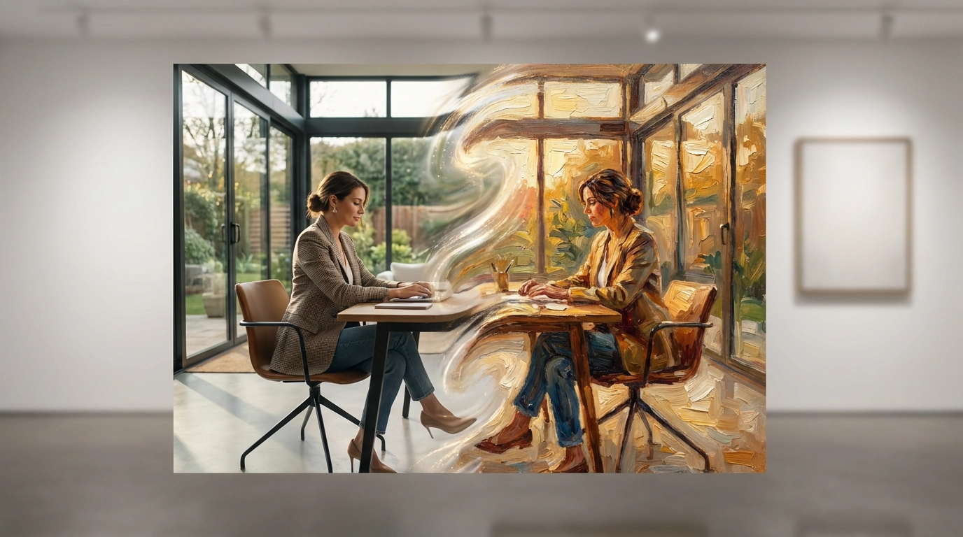 デジタルで加工された風景写真。厚塗りの力強い筆致と暖かいゴールデンアワーの光が特徴的な、表現力豊かな油絵風に仕上げられています。