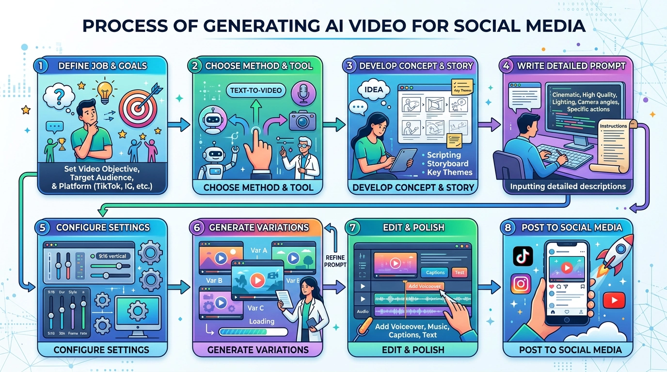 一张多步骤图示，展示了为社交媒体生成 AI 视频的过程，图中显示了“明确任务”、“选择方法”、“编写提示词”、“生成变体”等输入步骤