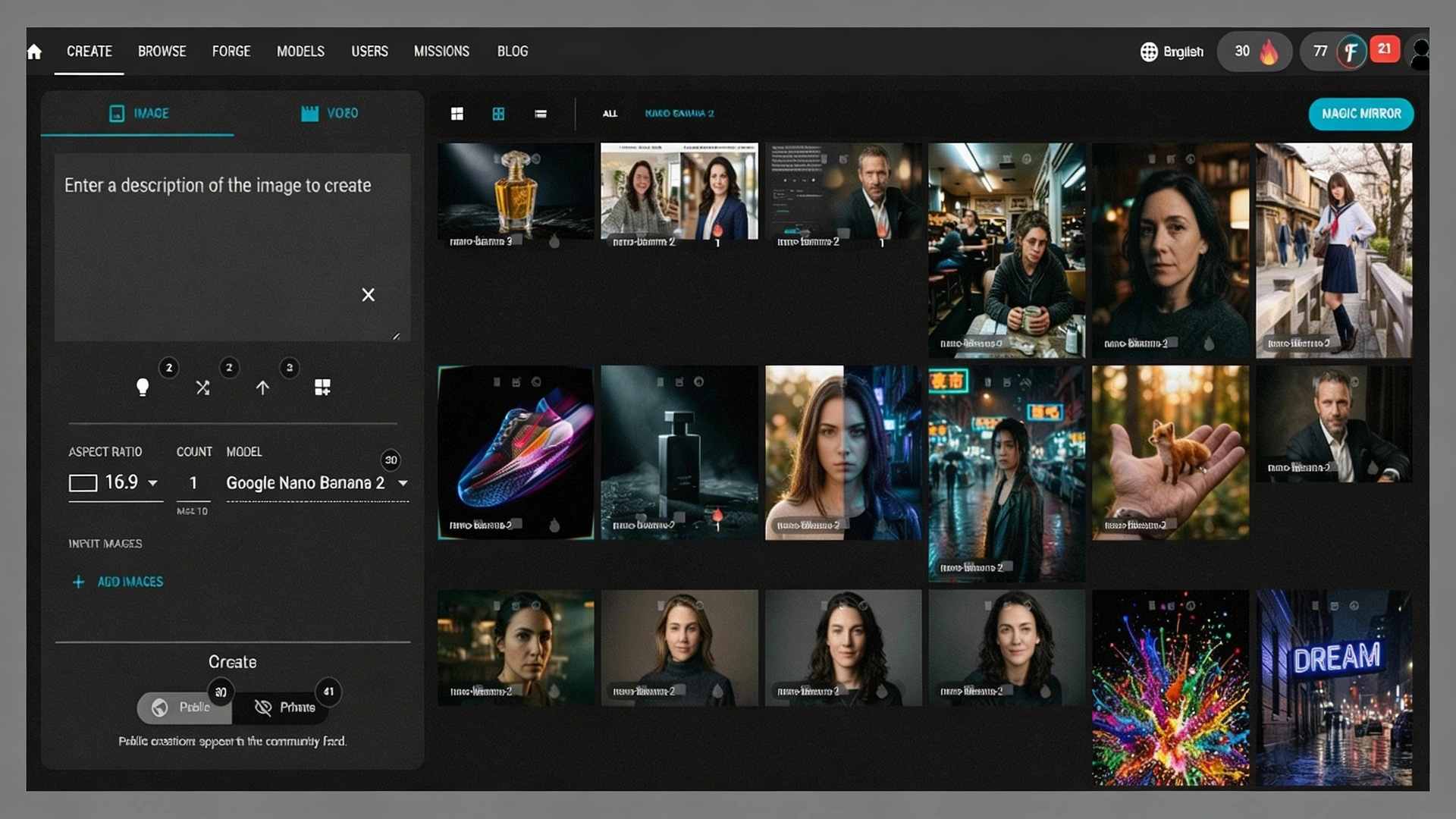Interfaz de generación de imágenes de Fiddl.art: pega un prompt, elige tu modelo y genera al instante