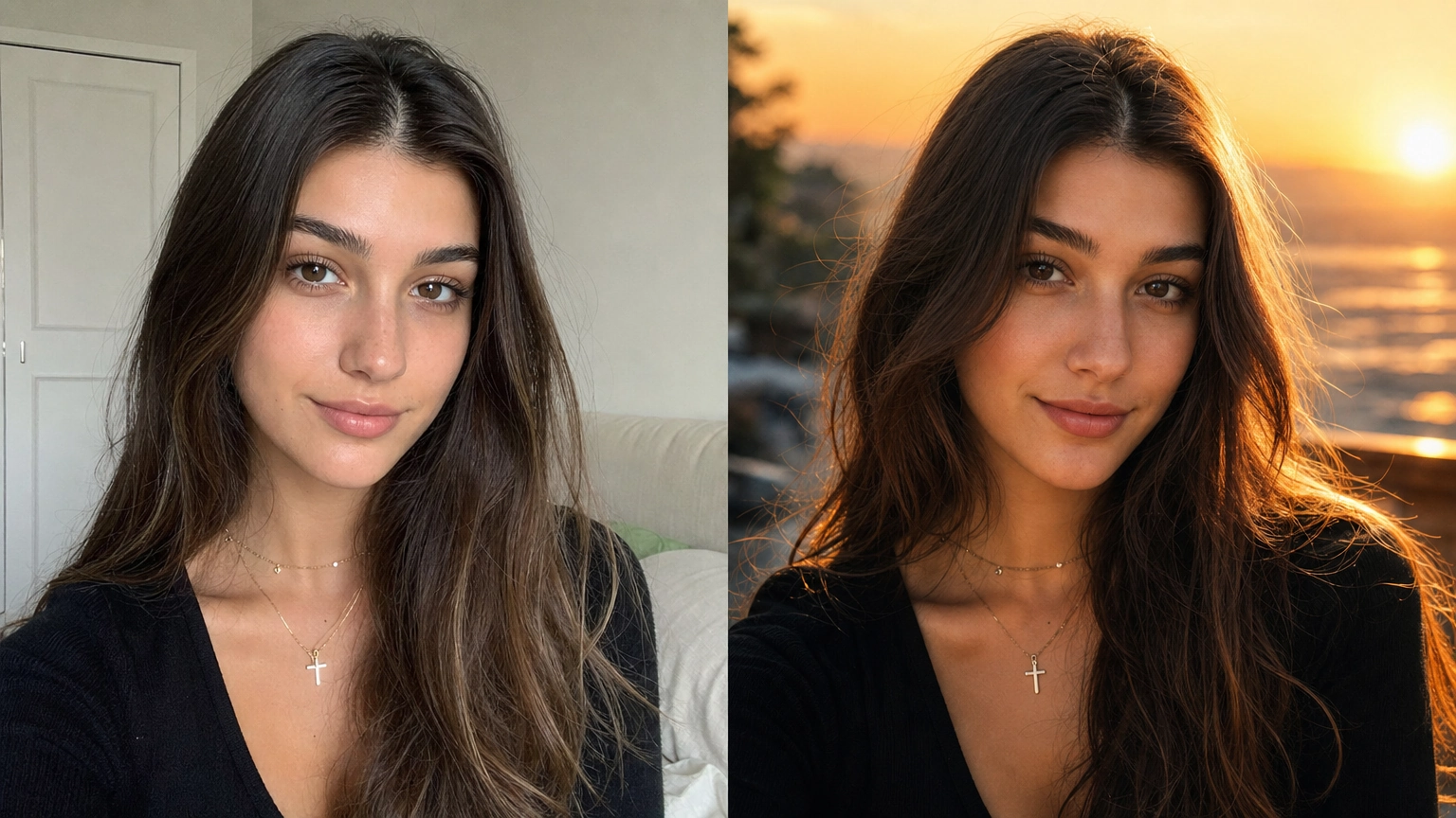 Side-by-side comparison of a portrait, left half a plain unedited photo, right half the same portrait transformed with warm cinematic lighting and color grading using an AI photo prompt, illustrating prompt-to-image transformation.