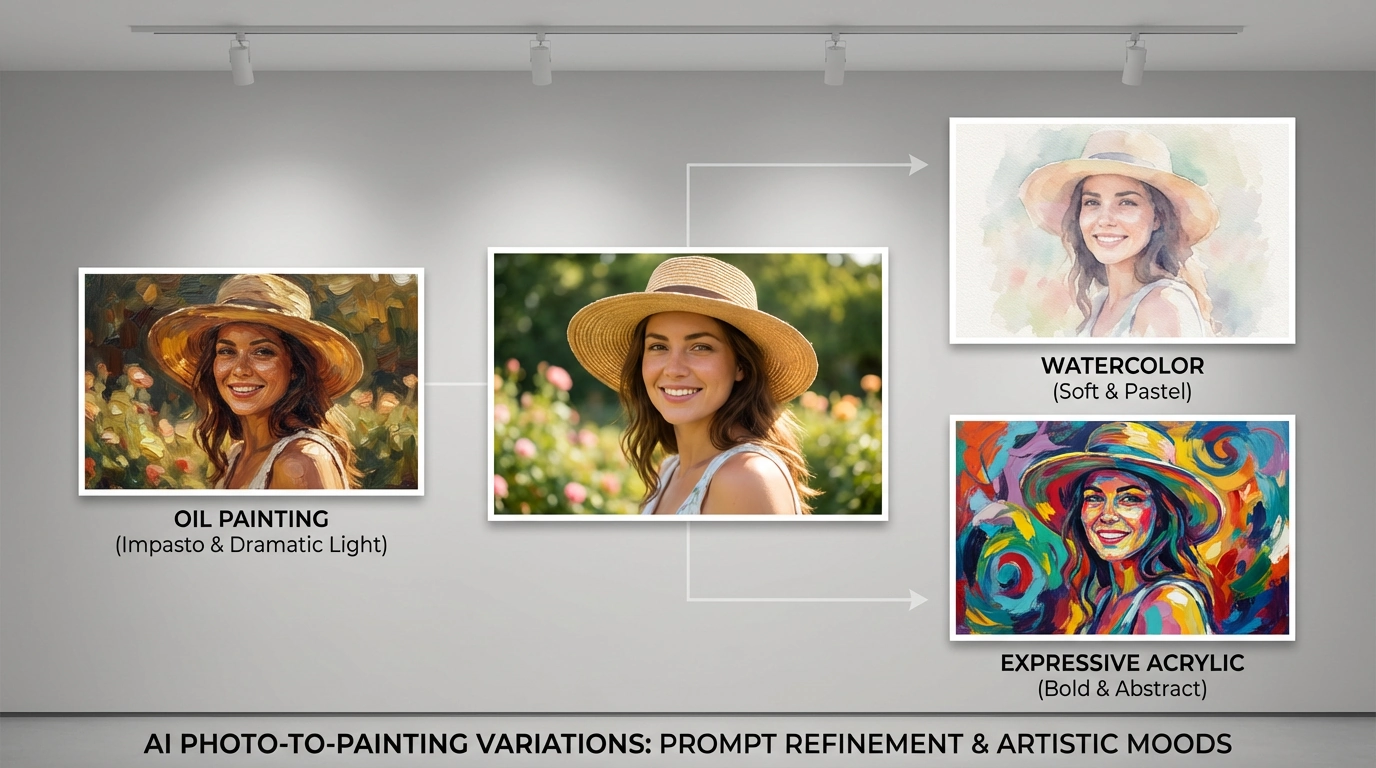 AI photo-to-painting workflow showing a central portrait photo transformed into multiple artistic styles, including oil painting with impasto brushstrokes and dramatic lighting, soft pastel watercolor, and bold expressive acrylic art, illustrating prompt refinement and visual variations.