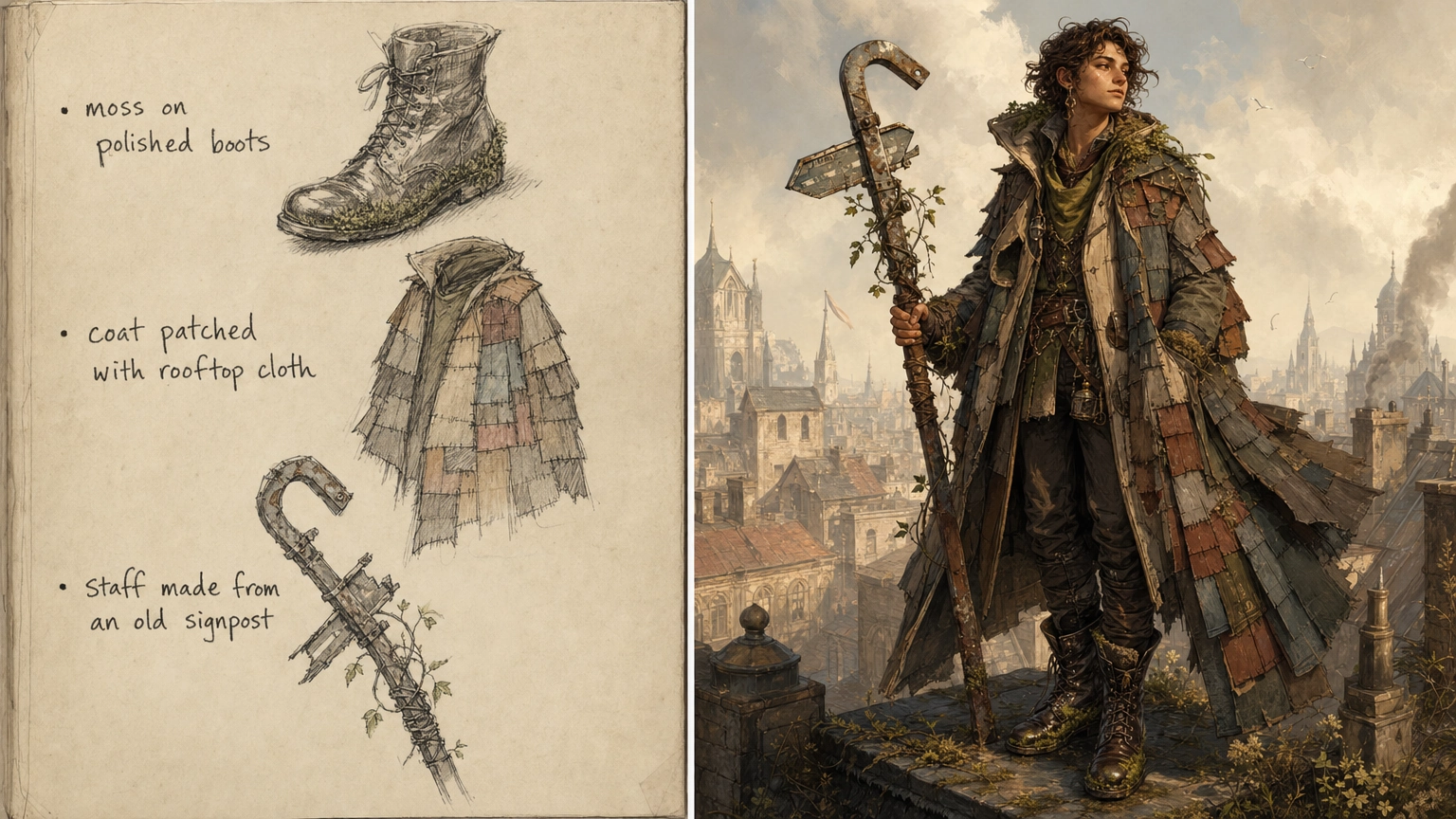 Visual detail list next to a finished AI-generated portrait of a city druid, showing how specific details become character art