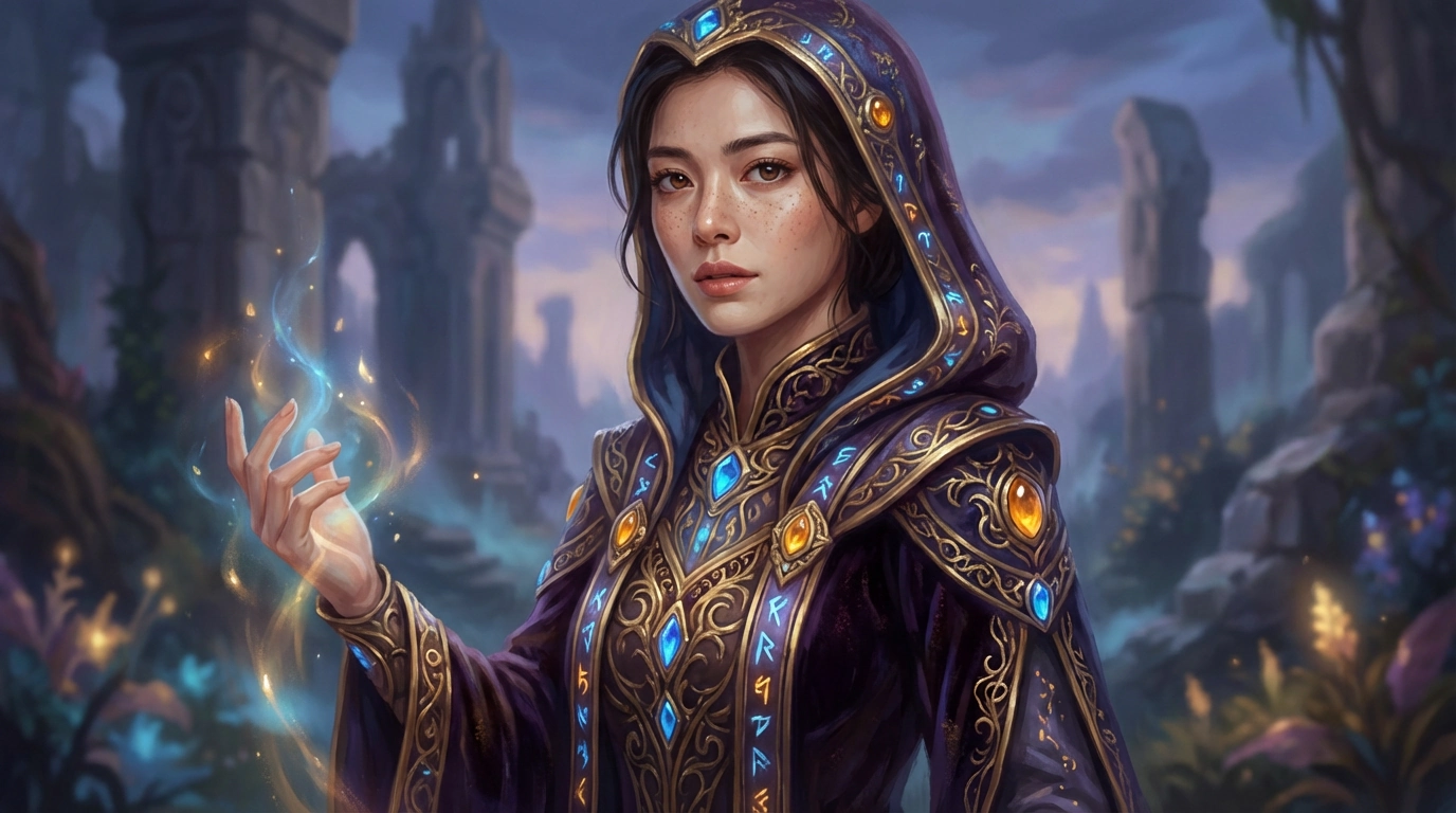 Fantasy illustration of a hooded mage channeling glowing magic in an ancient, ruined landscape