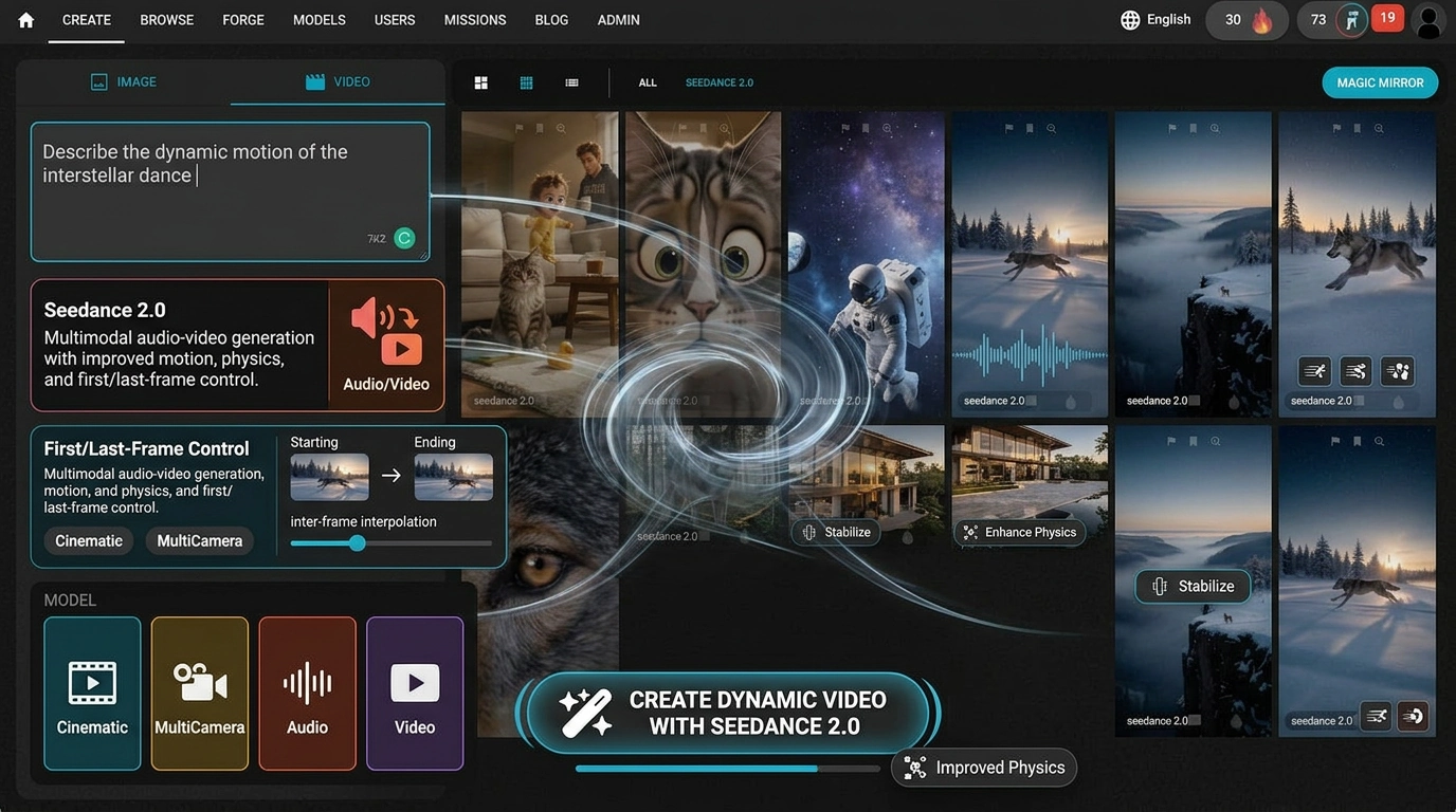 Una interfaz de usuario futurista del generador de video con IA Seedance 2.0 en Fiddl.art, que muestra visuales dinámicos y elementos del flujo de trabajo creativo.