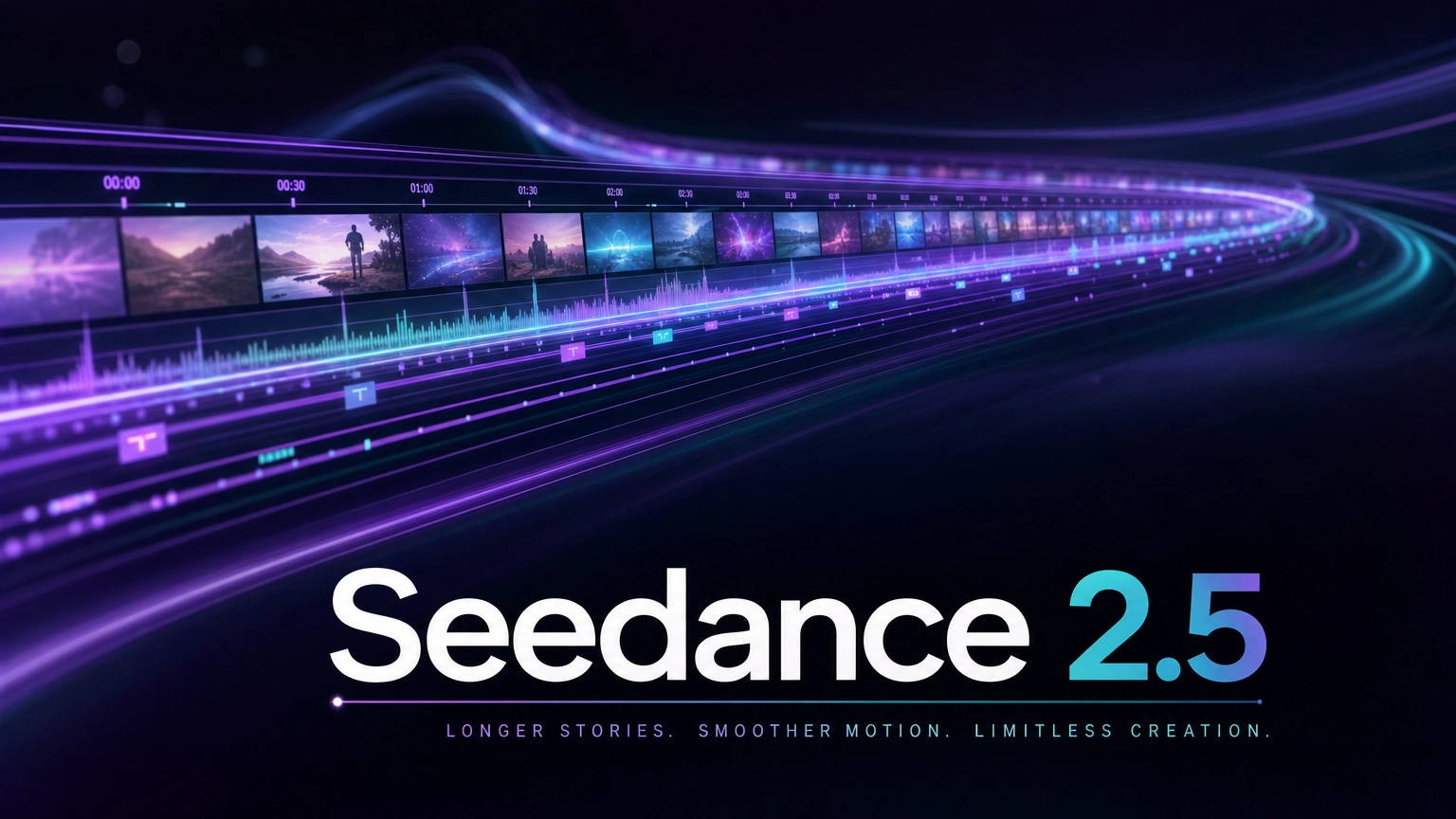 モデル名「Seedance 2.5」のテキストが重ねられた、流れるような抽象的なビデオタイムラインのヒーロー画像
