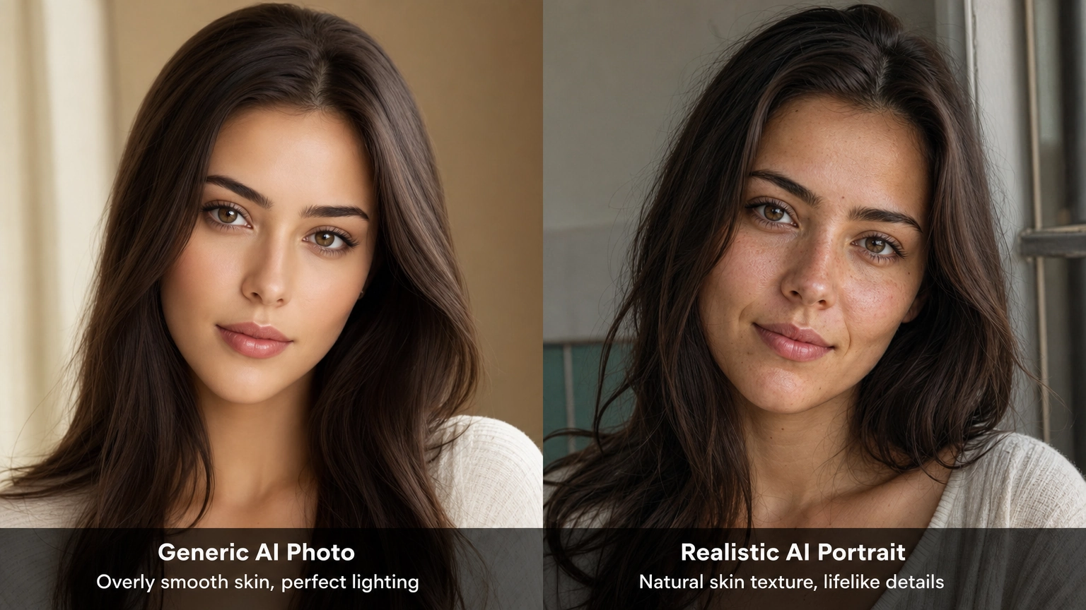 A side-by-side comparison showing two AI-generated portraits of the same woman. On the left, a generic AI photo with overly smooth skin and perfect lighting. On the right, a realistic AI portrait with natural skin texture and lifelike details.