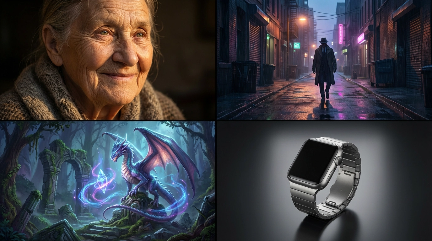 A range of AI-generated images showing portraits, cinematic scenes, fantasy art, and product photography