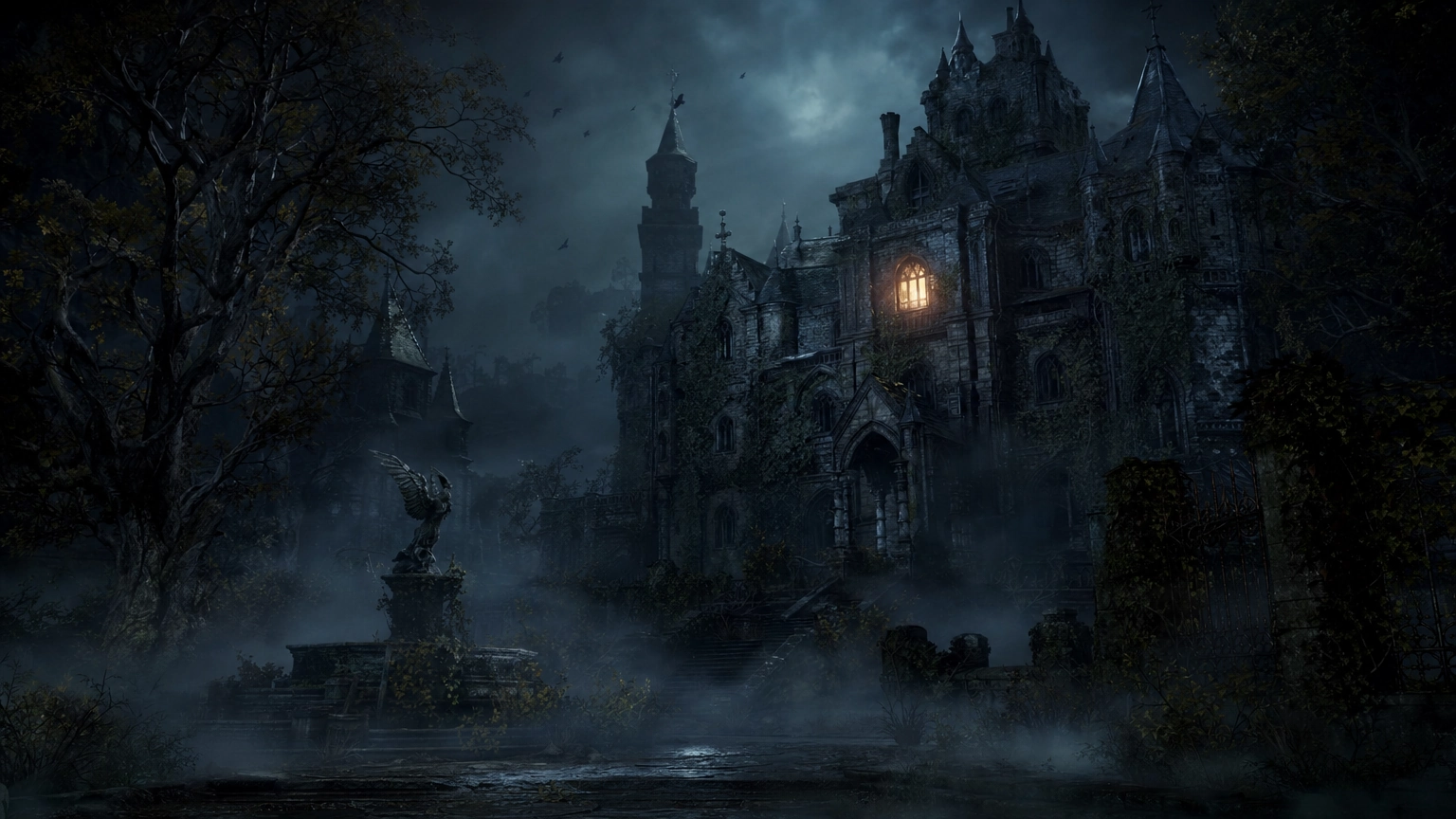 Ví dụ tranh AI dark fantasy gothic về dinh thự đổ nát với một khung cửa sổ sáng đèn trong sương mù