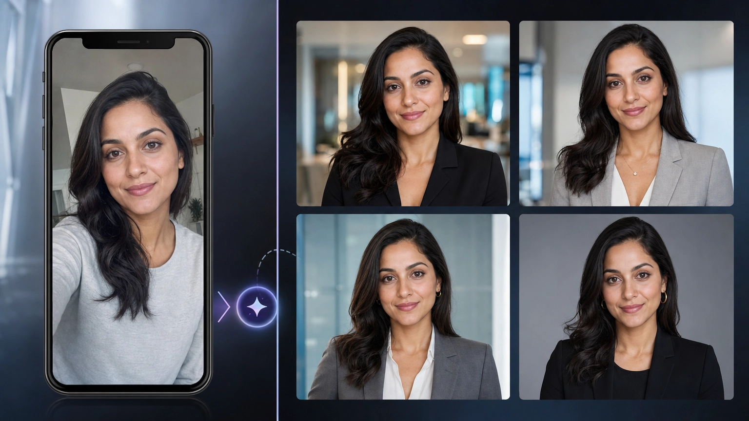 Gerador de Headshots com IA transformando uma selfie casual em múltiplas variações de headshots profissionais com iluminação realista, trajes profissionais e edições que preservam a identidade para perfis do LinkedIn, currículos e páginas de equipe corporativas.