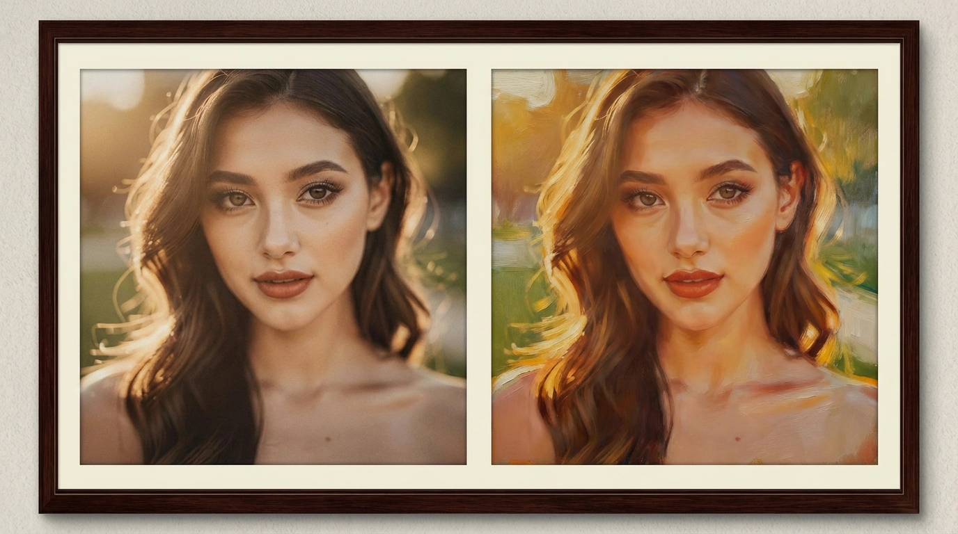 Uma cena de paisagem aprimorada digitalmente, originalmente uma fotografia, agora renderizada no estilo de uma pintura a óleo expressiva com pinceladas grossas e visíveis e a luz quente da golden hour.