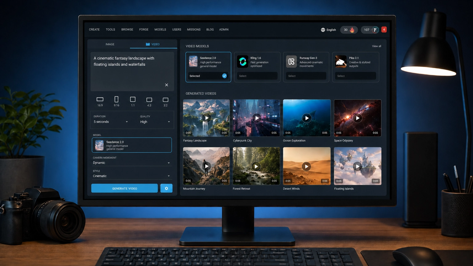 デスクトップモニターに表示されたFiddl.artのプラットフォームインターフェース。動画作成ダッシュボードにモデル選択オプションとプロンプト入力フィールドが表示されている。