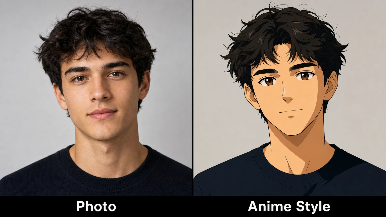 Before-and-after comparison showing a photo converted into cel-shaded anime art style.