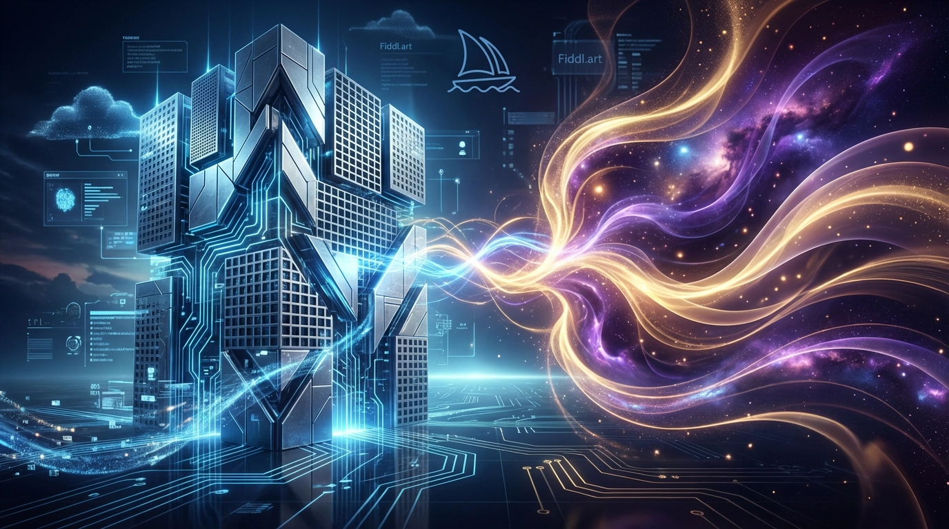 A conceptual digital illustration contrasting two AI art platforms: one depicted as a structured, geometric entity, and the other as an organic, flowing form, symbolizing flexibili