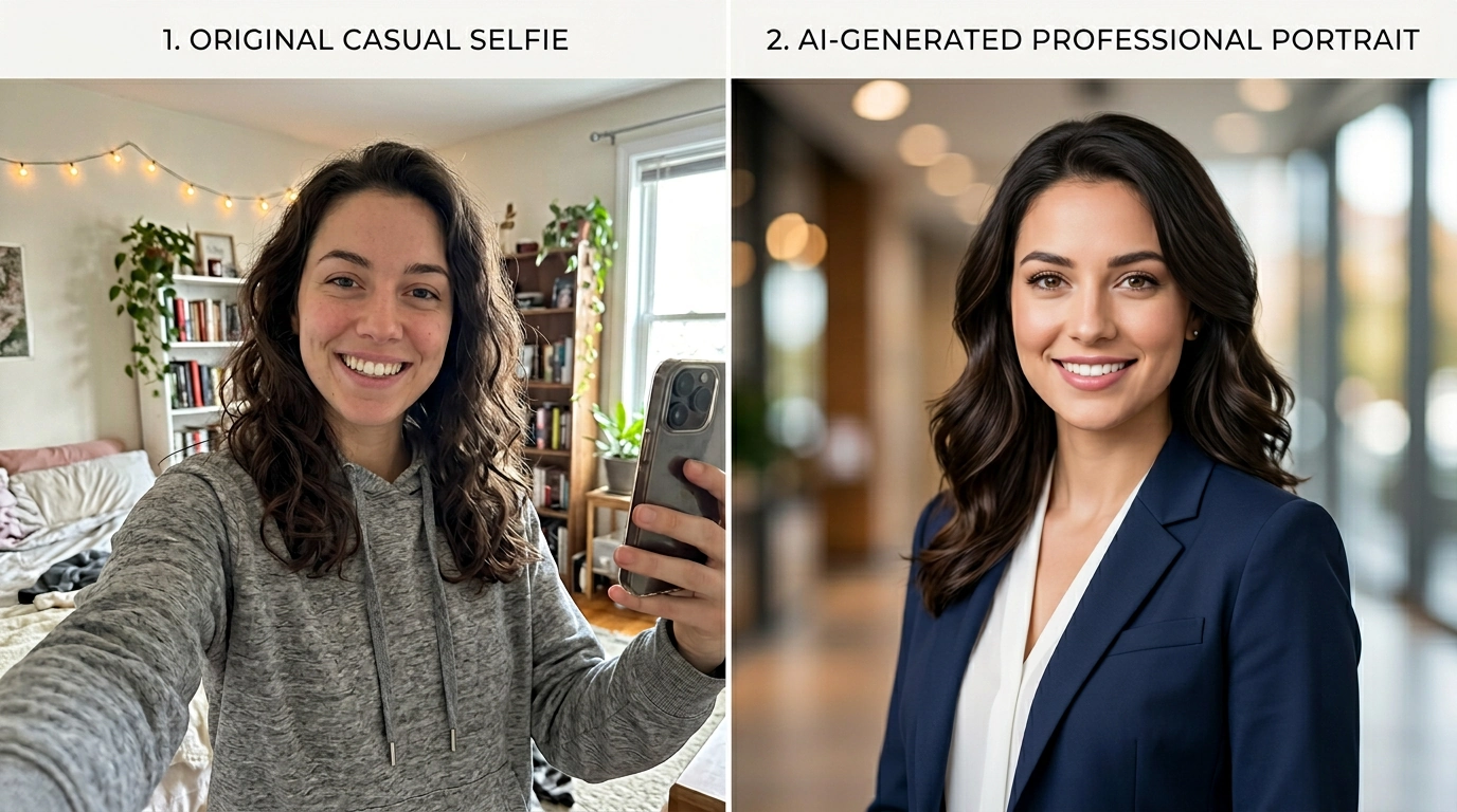 Uma comparação lado a lado mostrando uma selfie casual original à esquerda e um retrato de aparência profissional, gerado por IA, da mesma pessoa à direita