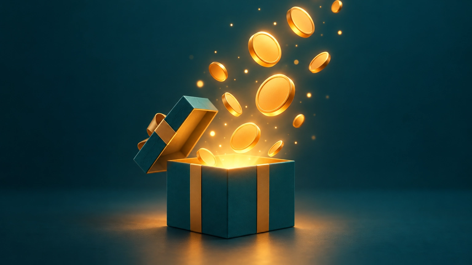 Caja de regalo abierta de la que salen fichas brillantes, representando puntos gratuitos y recompensas de misiones