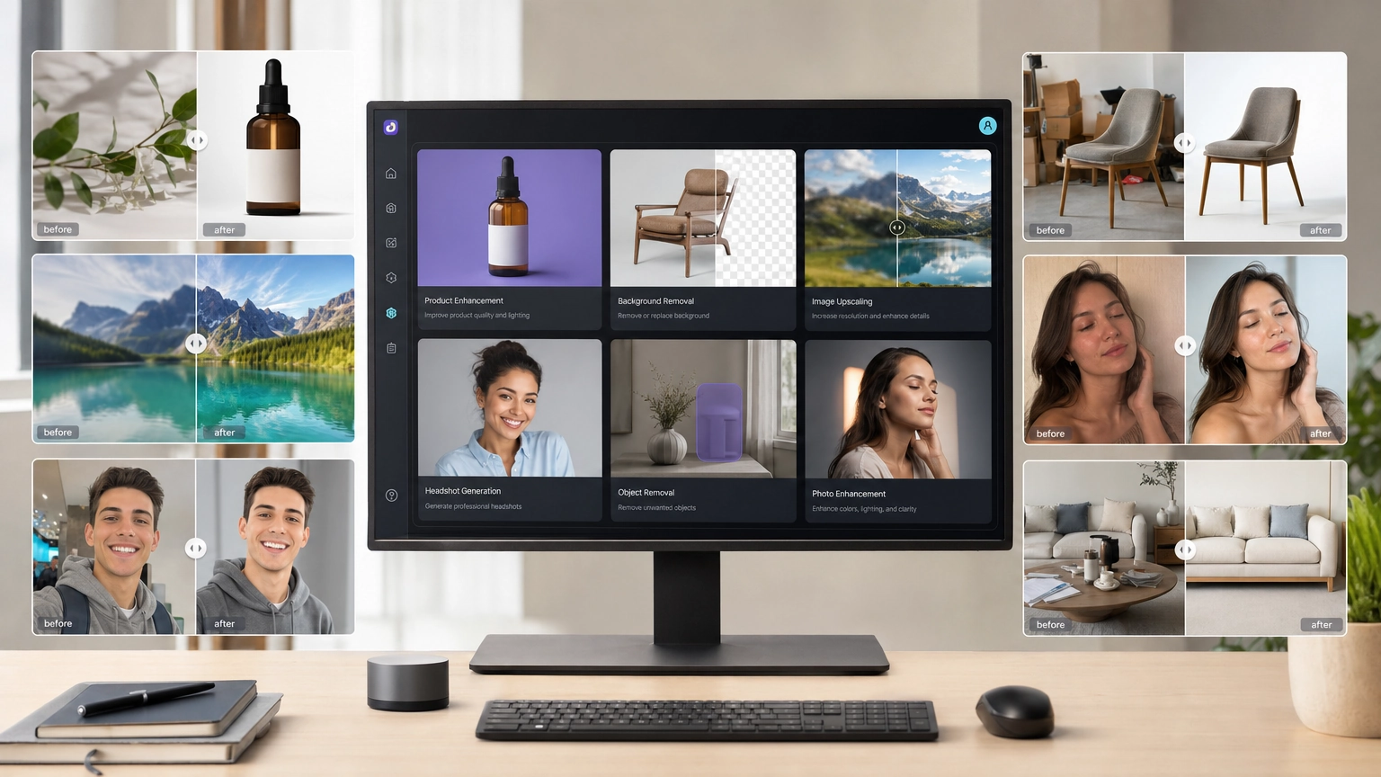 Panel de herramientas de edición de imágenes con IA que muestra las funciones de mejora fotográfica, eliminación de fondo, escalado de imágenes, edición de fotos de producto y generación de retratos profesionales con IA.