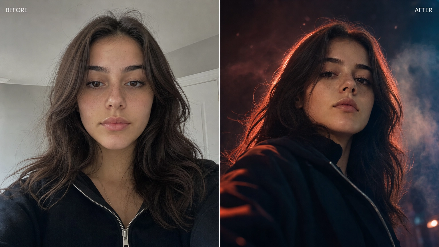 Before and after AI photo edit generated on Fiddl.art, plain selfie restyled into a moody portrait with warm rim lighting and a low-angle cinematic pose