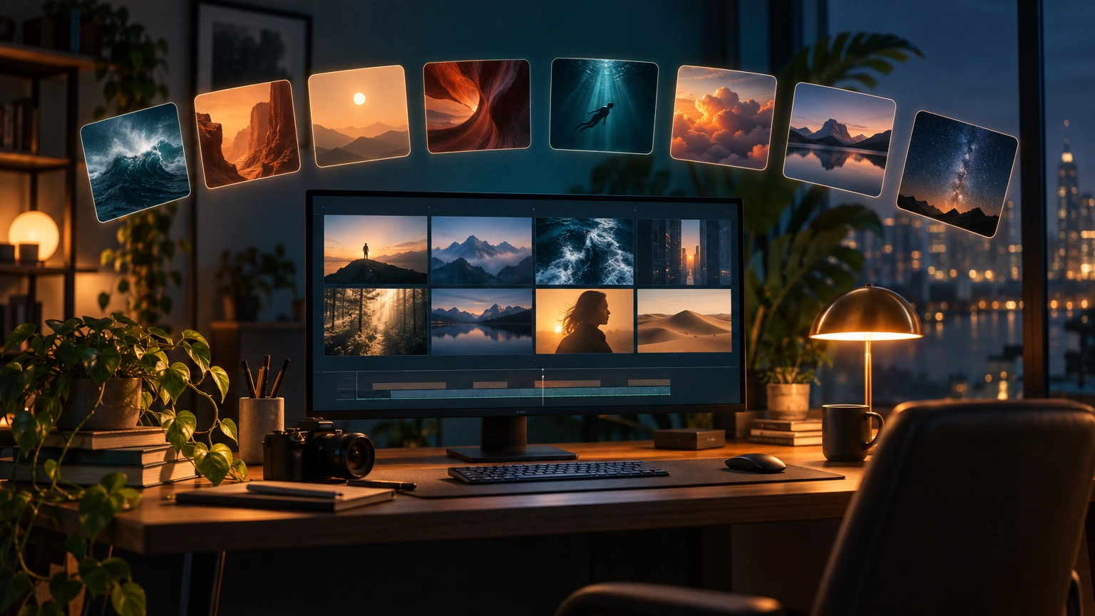 Escritorio de noche con un monitor que muestra una línea de tiempo de video y escenas de paisajes, y ocho tarjetas de imágenes brillantes flotando por encima