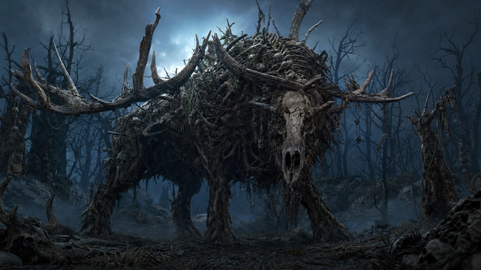 Ví dụ prompt tranh AI dark fantasy về sinh vật, một con quái thú bằng xương và vỏ cây mục trong khu rừng chết