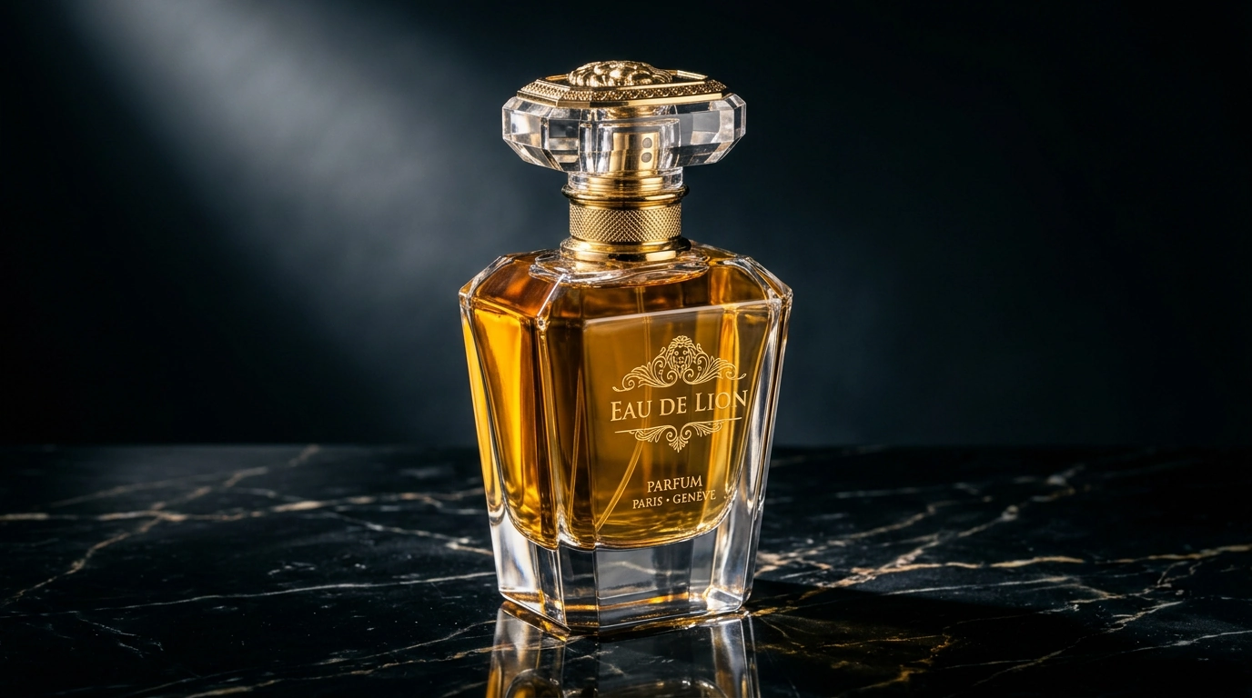 Fotografía de producto generada con IA en Fiddl.art — frasco de perfume de lujo sobre mármol negro con iluminación dramática de estudio