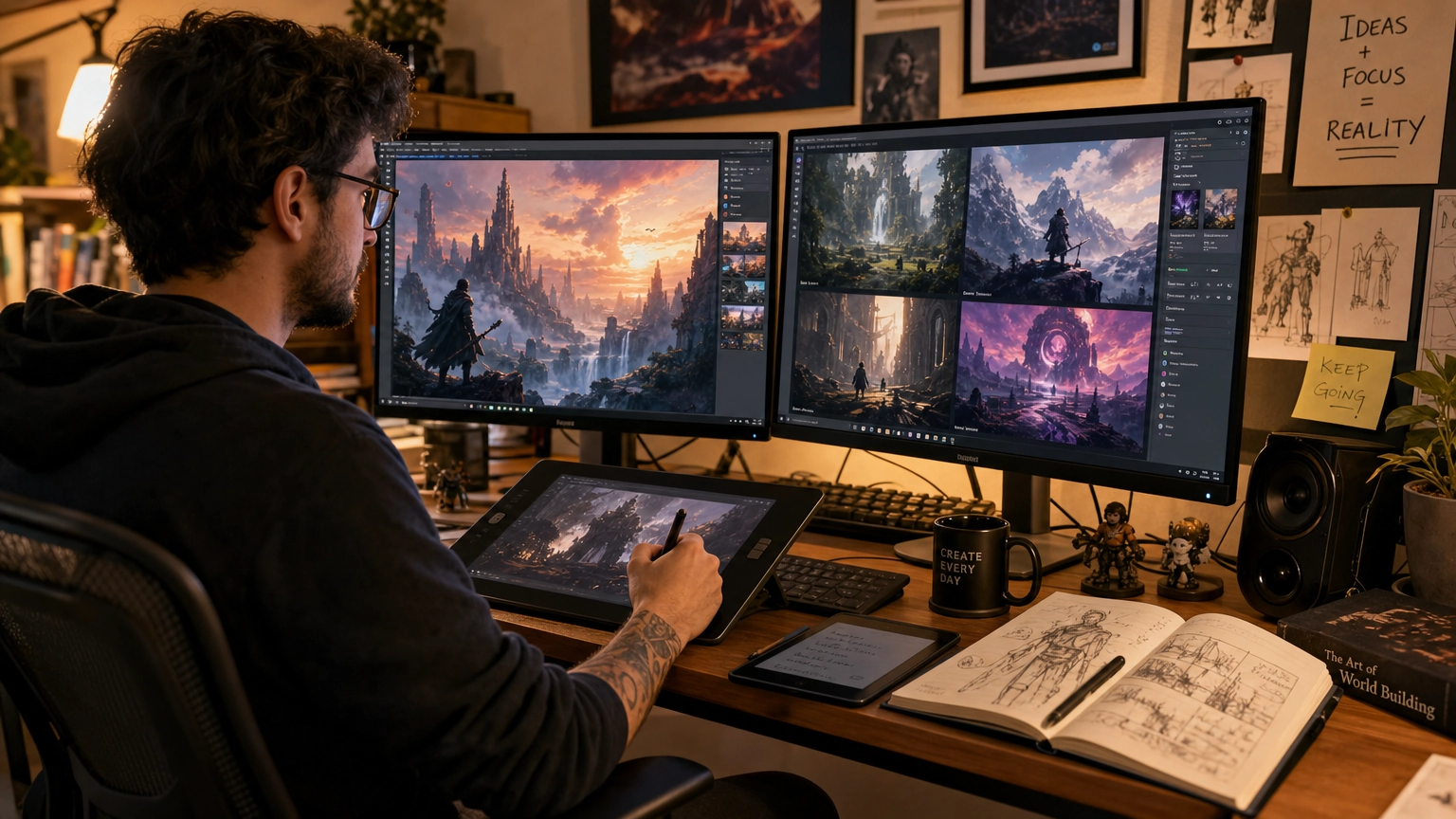 Um artista digital analisando arte gerada por IA em dois monitores, representando as ferramentas modernas de IA para artistas.