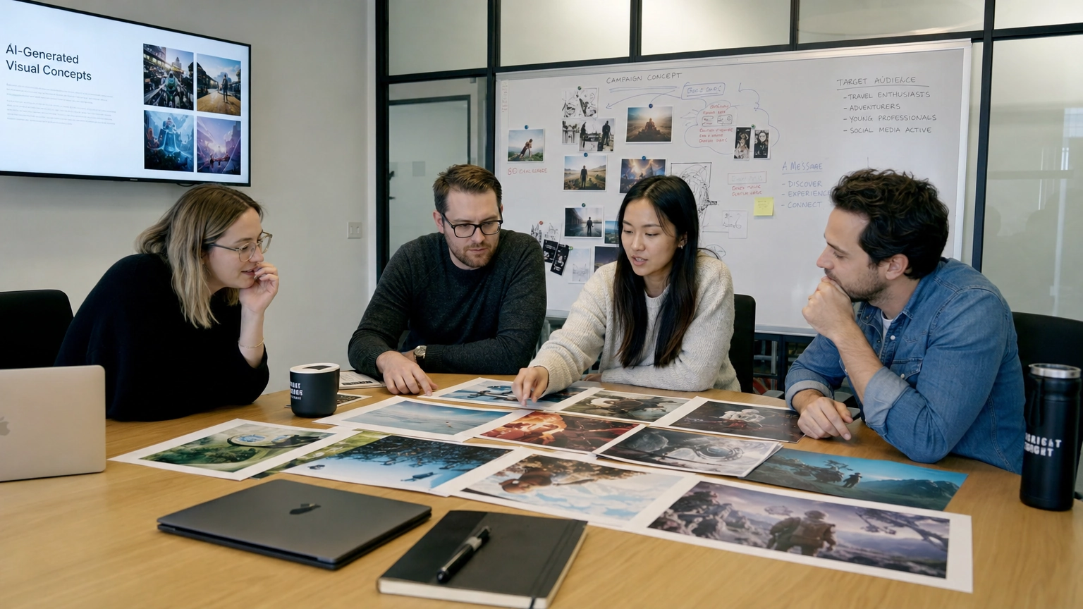 A marketing team reviewing AI-generated ad visuals on a whiteboard, with sticky notes and annotation marks showing the review and approval process.