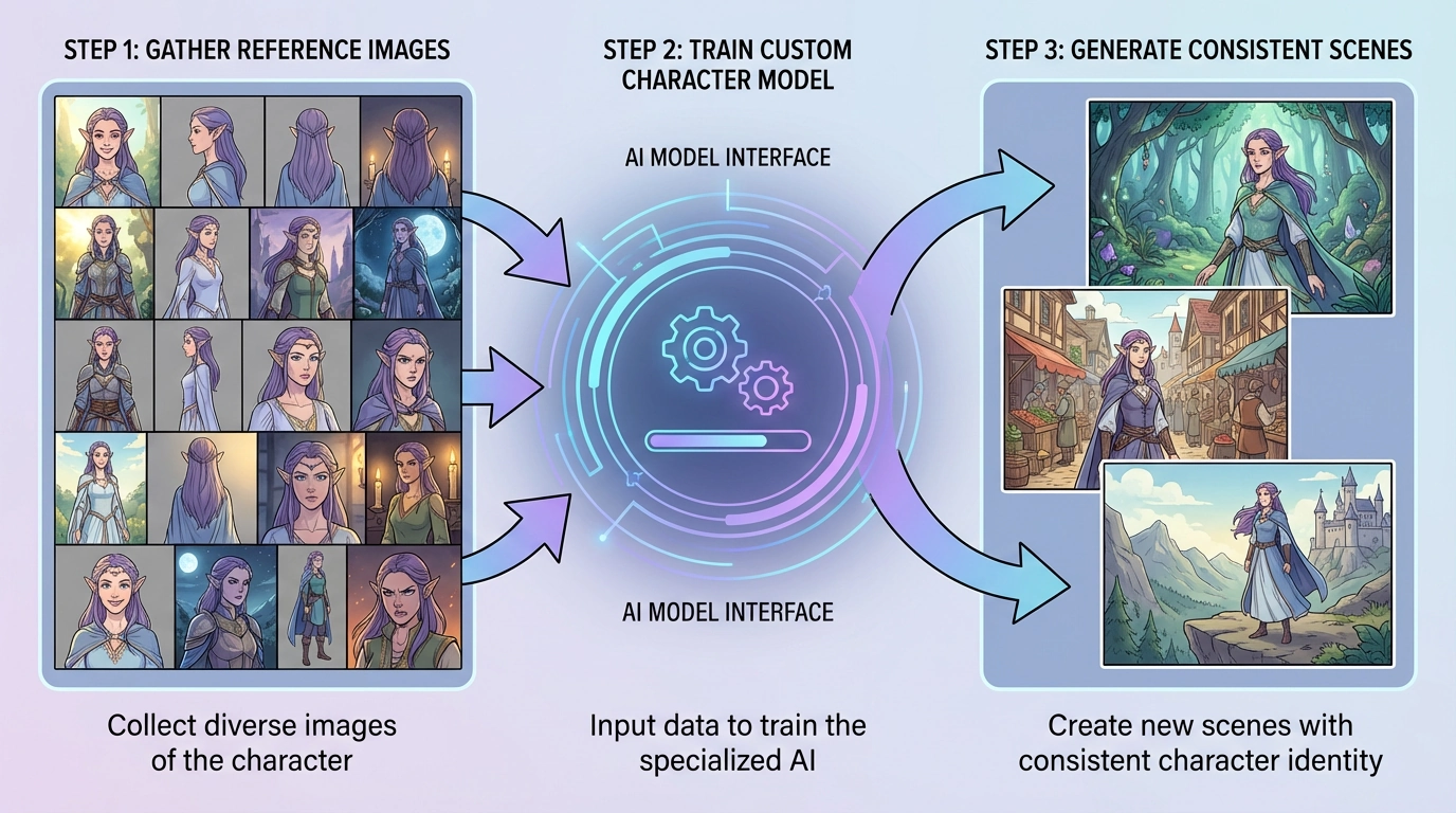 Infographic-style illustration showing reference images of one character feeding into a custom AI model, resulting in consistent character outputs across multiple fantasy scenes.