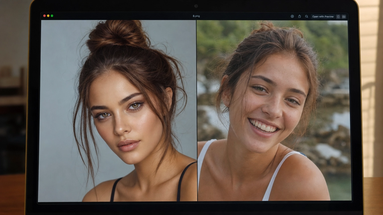 A split comparison showing an obviously AI-generated portrait next to a refined, photorealistic AI portrait to illustrate the difference quality prompting makes.