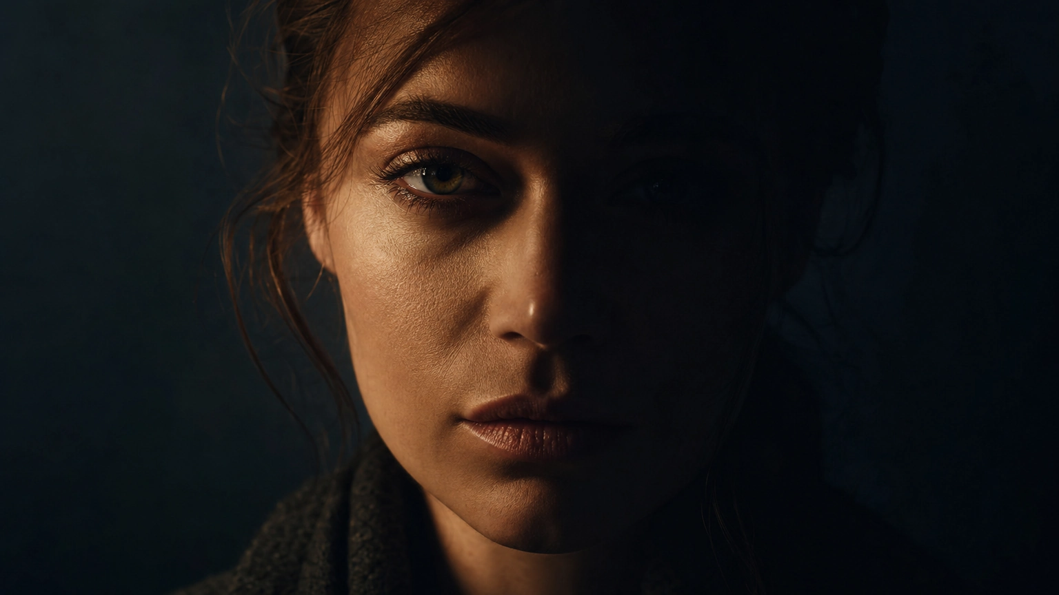 Retrato cinematográfico de una mujer con iluminación lateral profunda, textura de piel visible y una gradación de color cálida de estilo cinematográfico en un entorno de estudio oscuro.