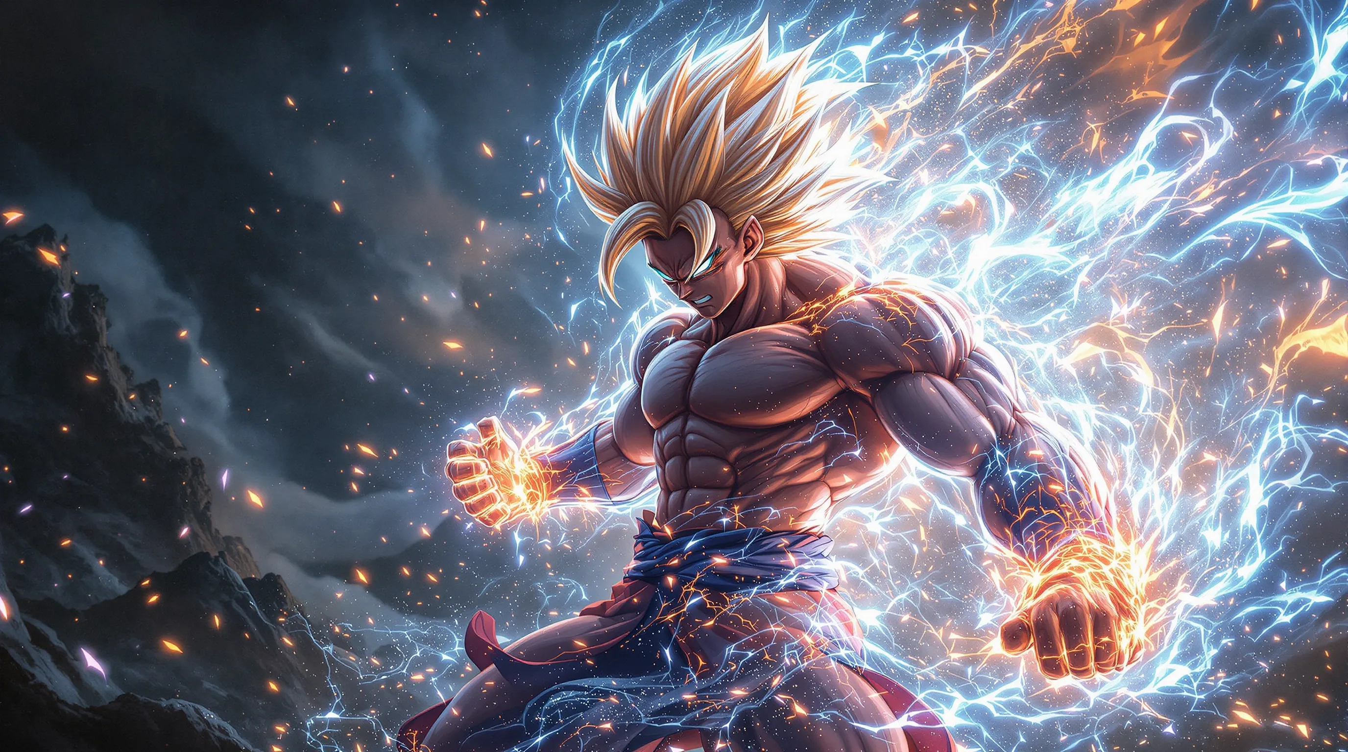 Personaje estilo anime con un aura brillante y efectos de relámpagos, mostrando arte anime generado con IA