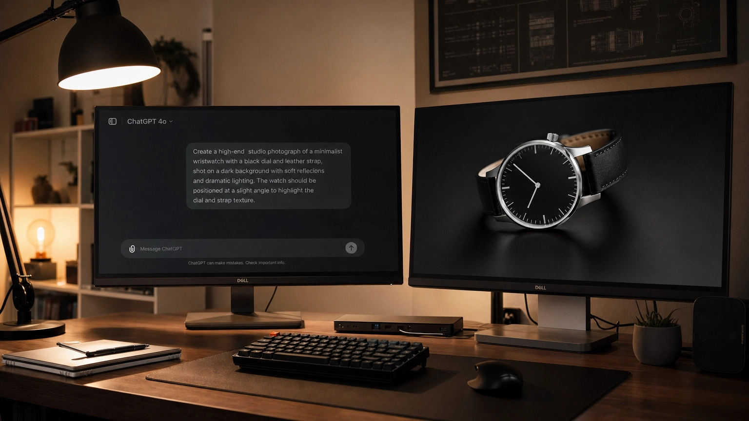 Um espaço de trabalho de um designer mostrando uma tela com um prompt de texto detalhado digitado na interface do ChatGPT, ao lado de uma imagem de produto de aparência profissional gerada por IA em um segundo monitor.