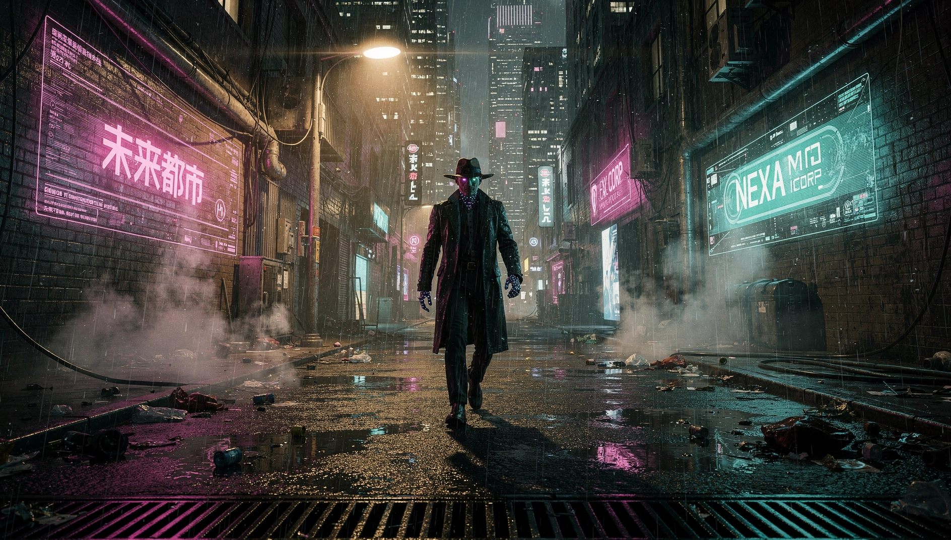 Escena cinematográfica generada con IA en Fiddl.art — callejón empapado por la lluvia e iluminado con neón con atmósfera ciberpunk